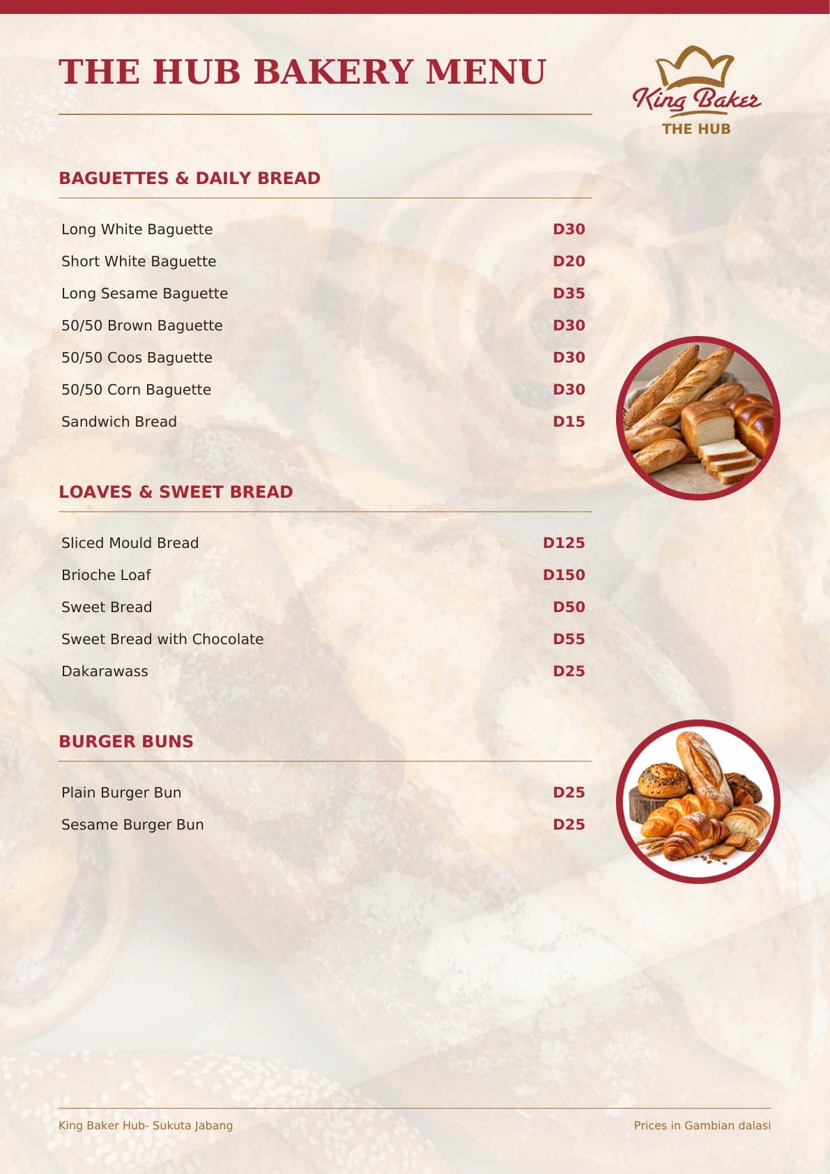 Bakery menu page 1: baguettes, loaves, sweet bread and burger buns