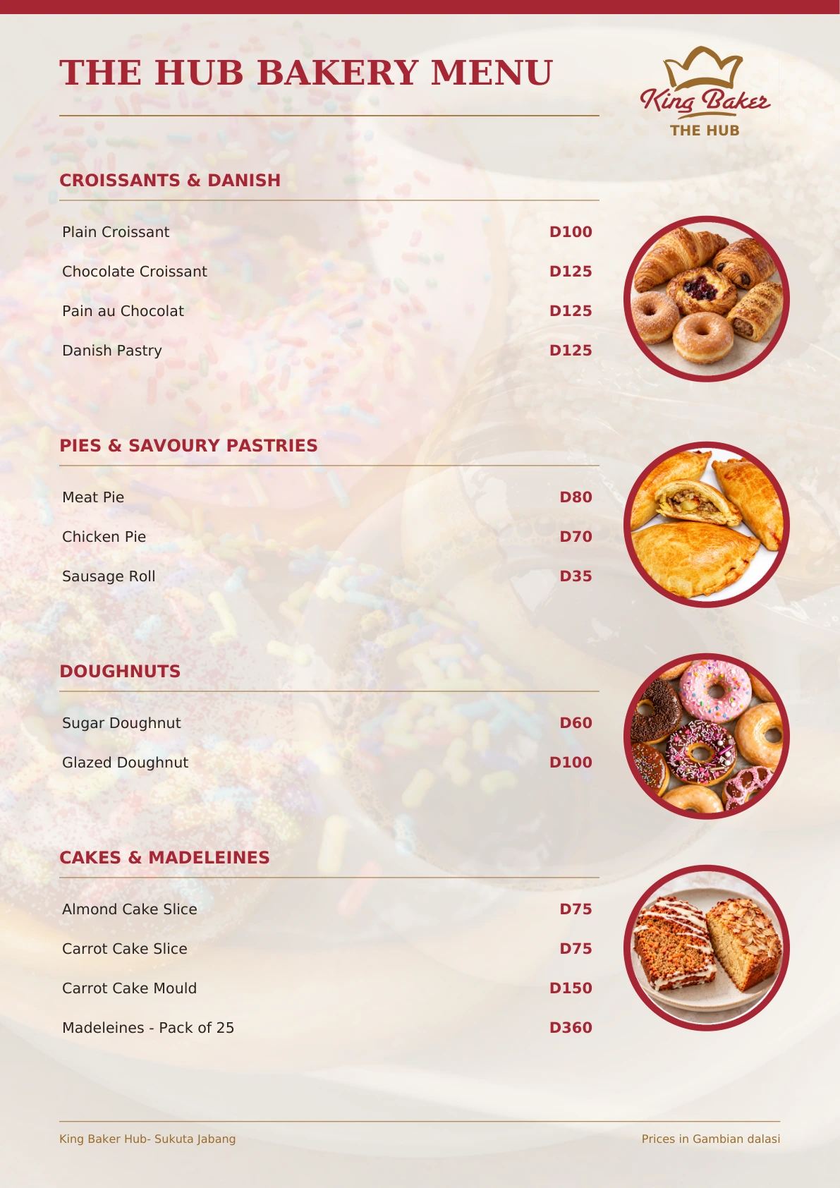 Bakery menu page 2: croissants, pastries, doughnuts, cakes and madeleines