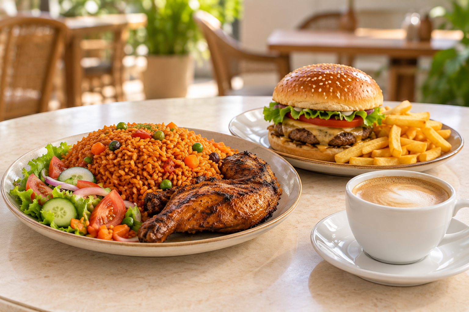 Rice with grilled chicken, burger with chips and coffee