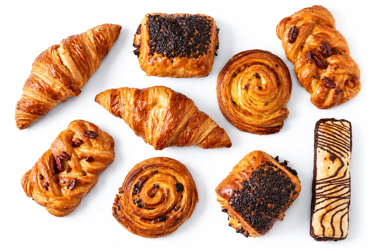 A selection of golden croissants and assorted pastries