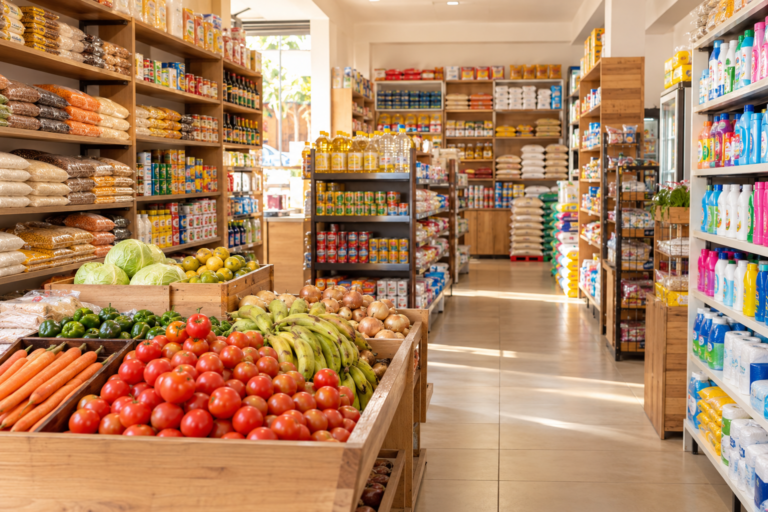 Illustrative grocery shelves and fresh produce